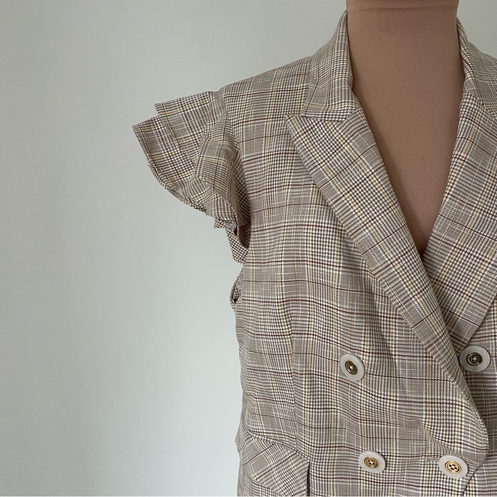 Veronica Beard Double Breasted Janae Khaki Plaid Flutter-Sleeve Vest NWT Size 12 - Picture 9 of 12
